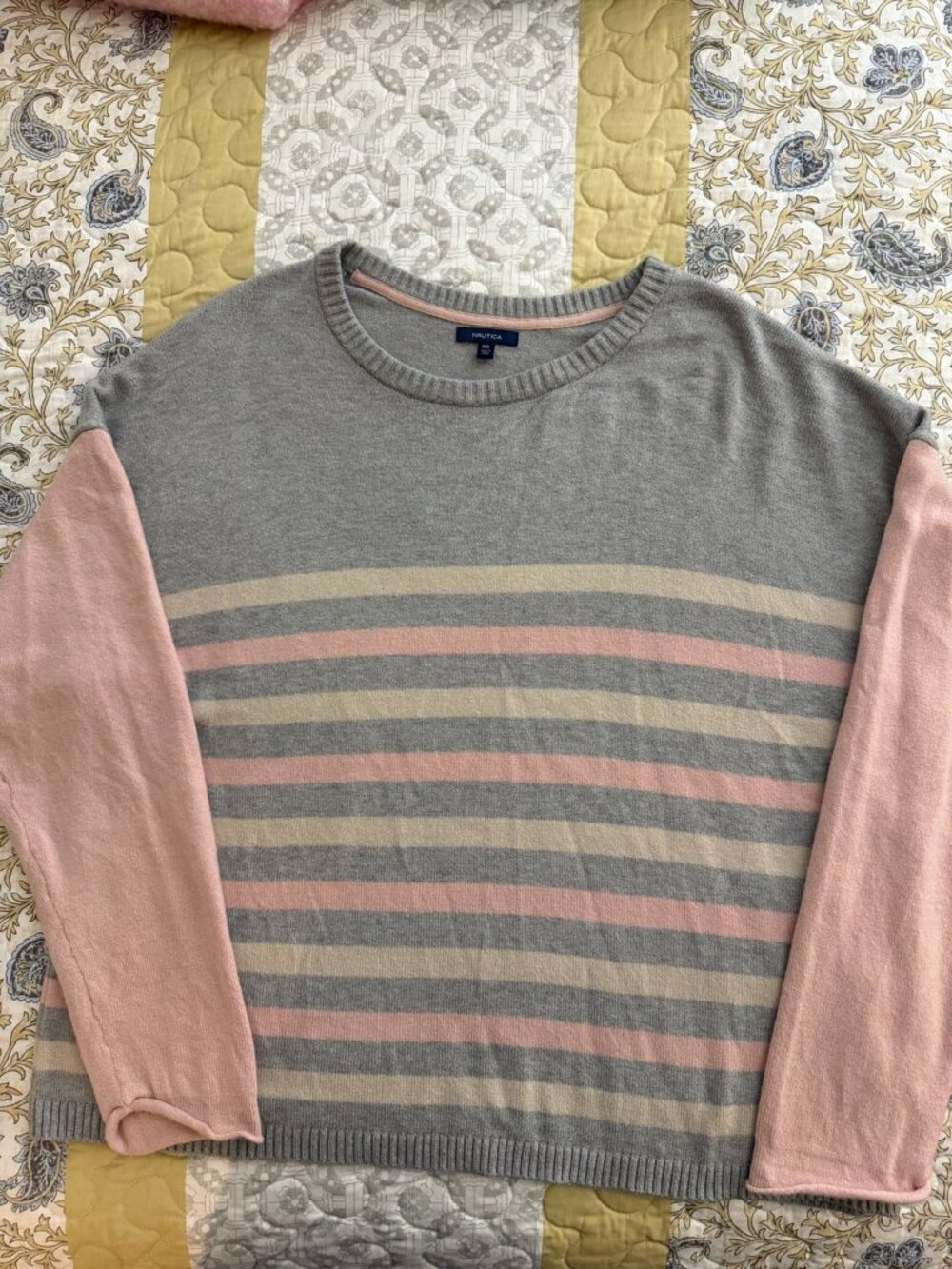 Nautica XXL Gray Pink Cream Striped Colorblock Crewneck Sweater